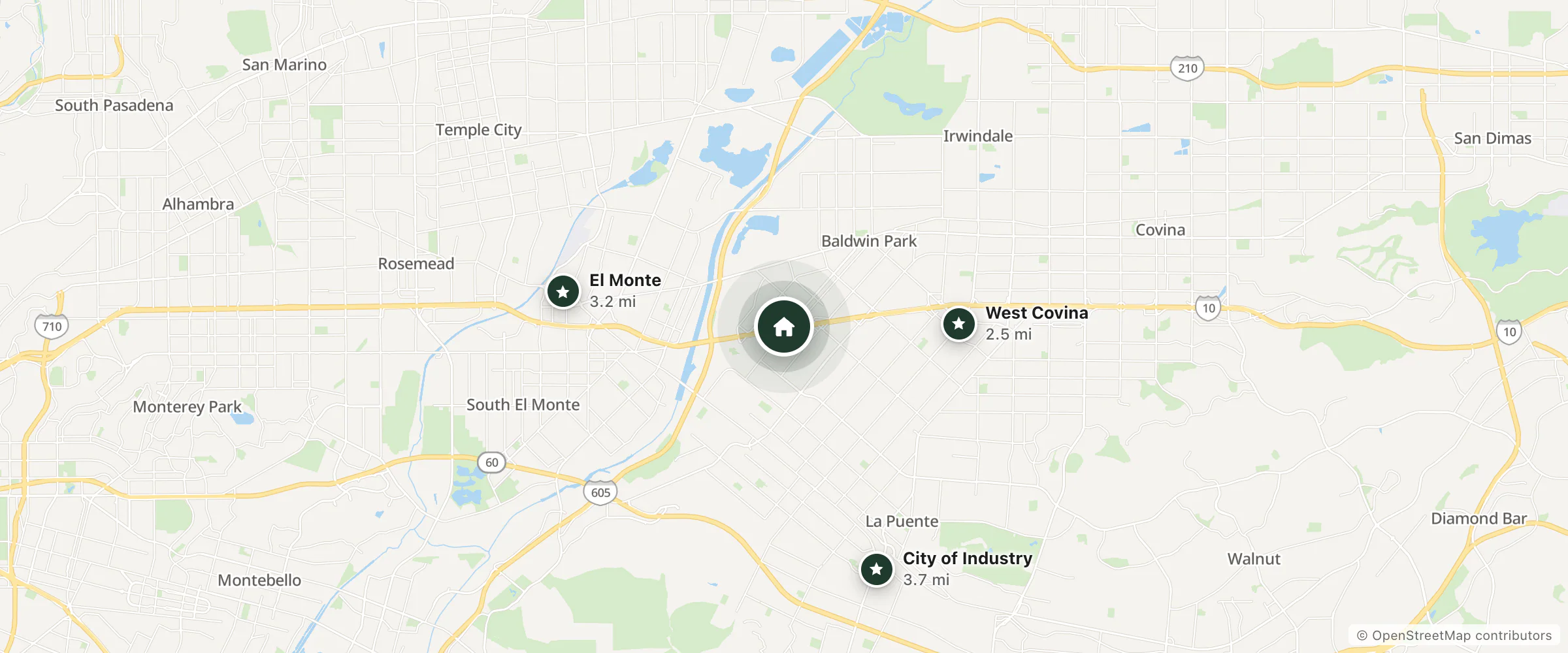 Map of Royal Knight Motel and nearby West Covina, El Monte and City of Industry