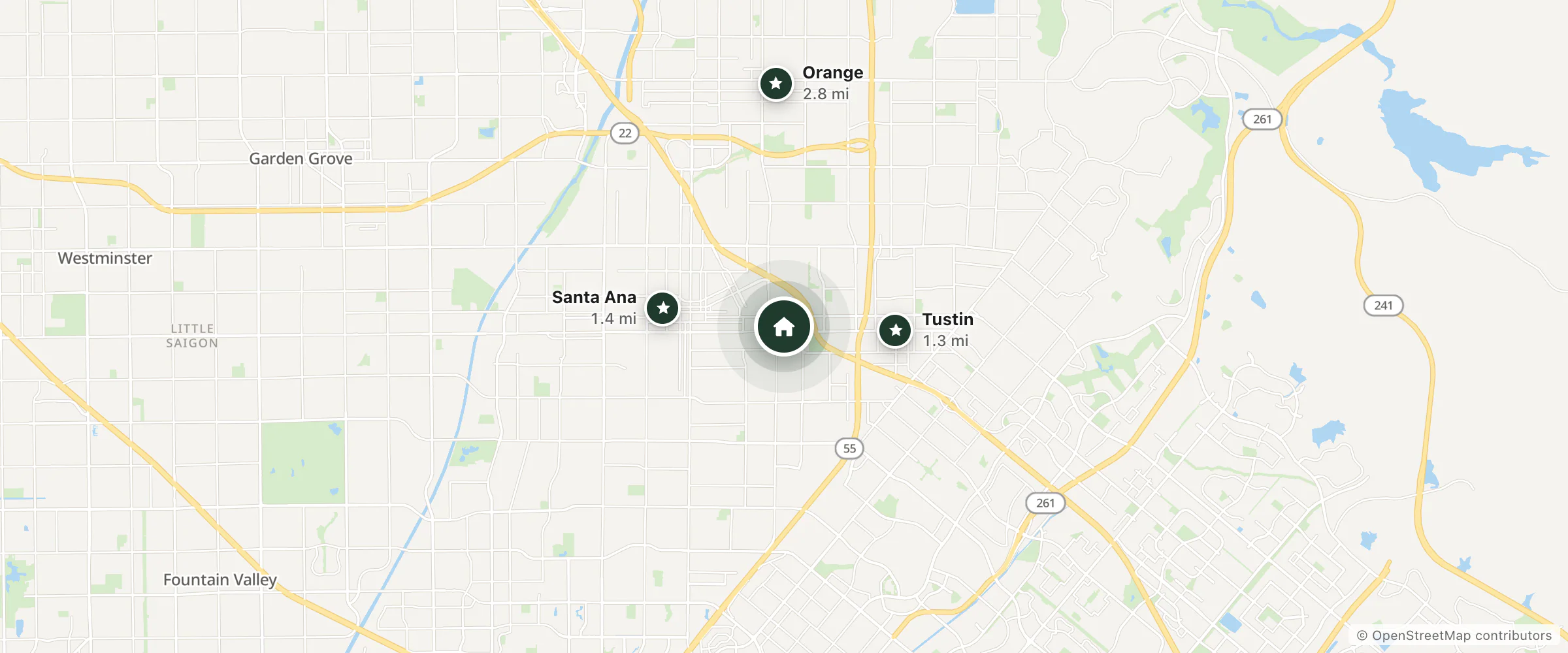 Map of Sunshine Village and nearby Tustin, Santa Ana and Orange