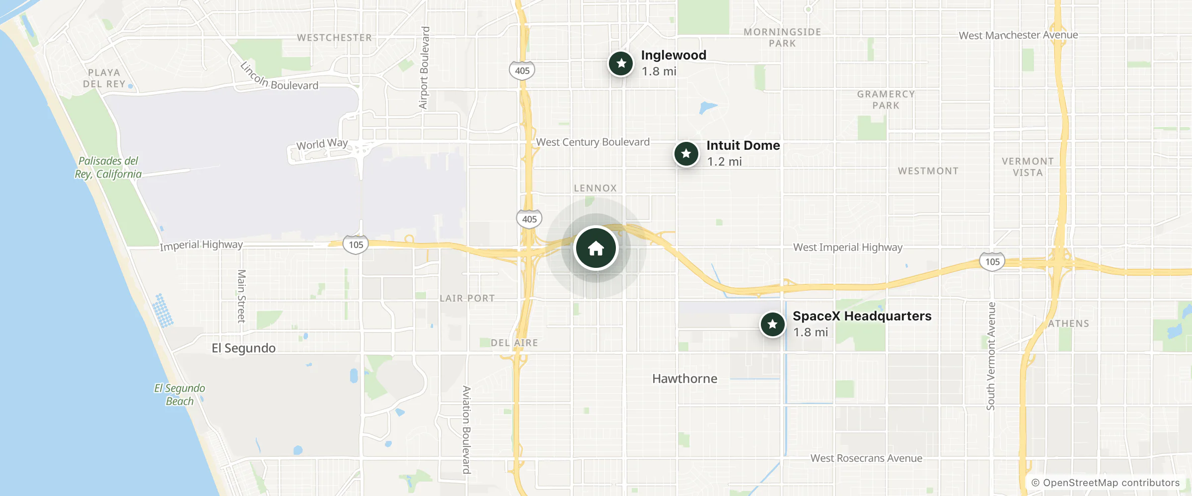 Map of Del Aire Inn Hotel and nearby Intuit Dome, Inglewood and SpaceX Headquarters