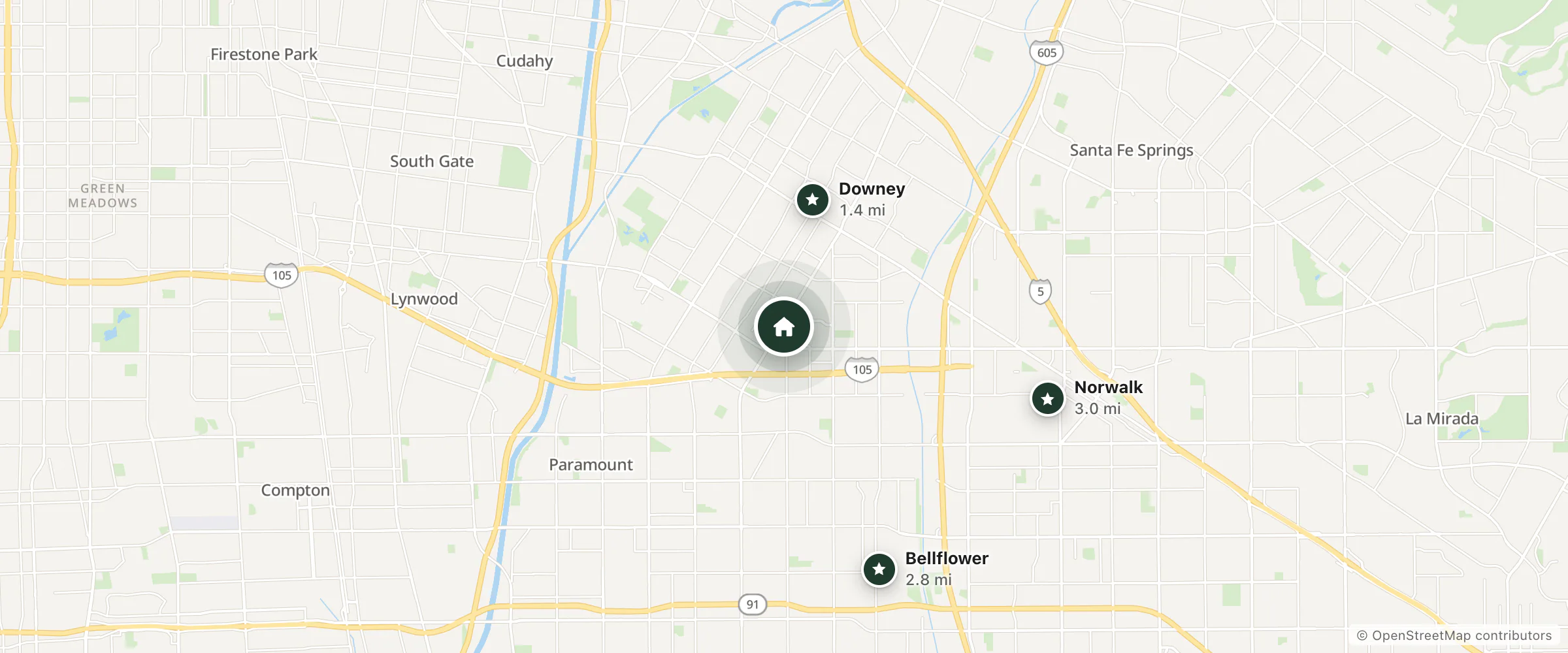 Map of Studio Inn & Suites and nearby Downey, Bellflower and Norwalk