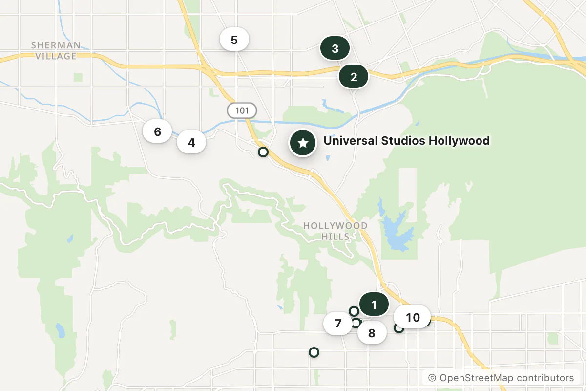 Map of the top 15 hotels for this question around Universal Studios Hollywood