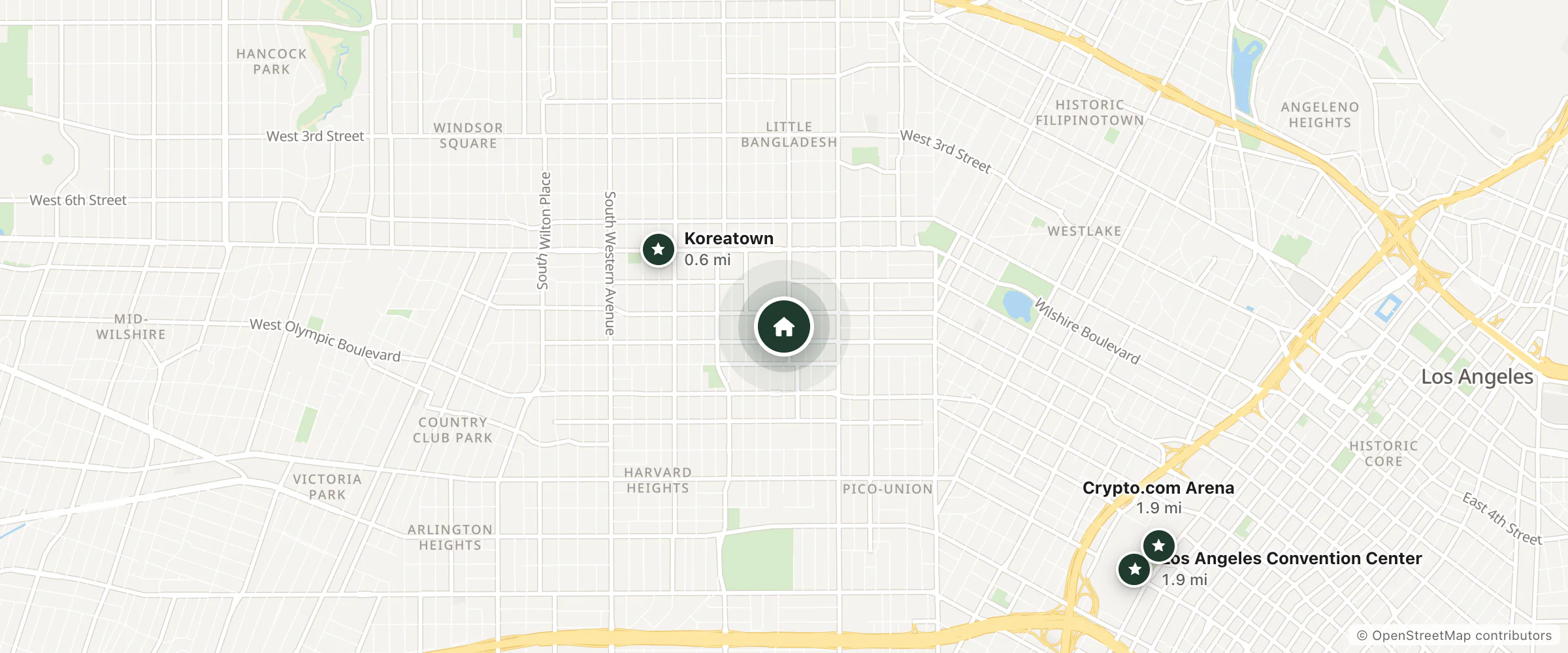 Map of Guest House and nearby Koreatown, Los Angeles Convention Center and Crypto.com Arena