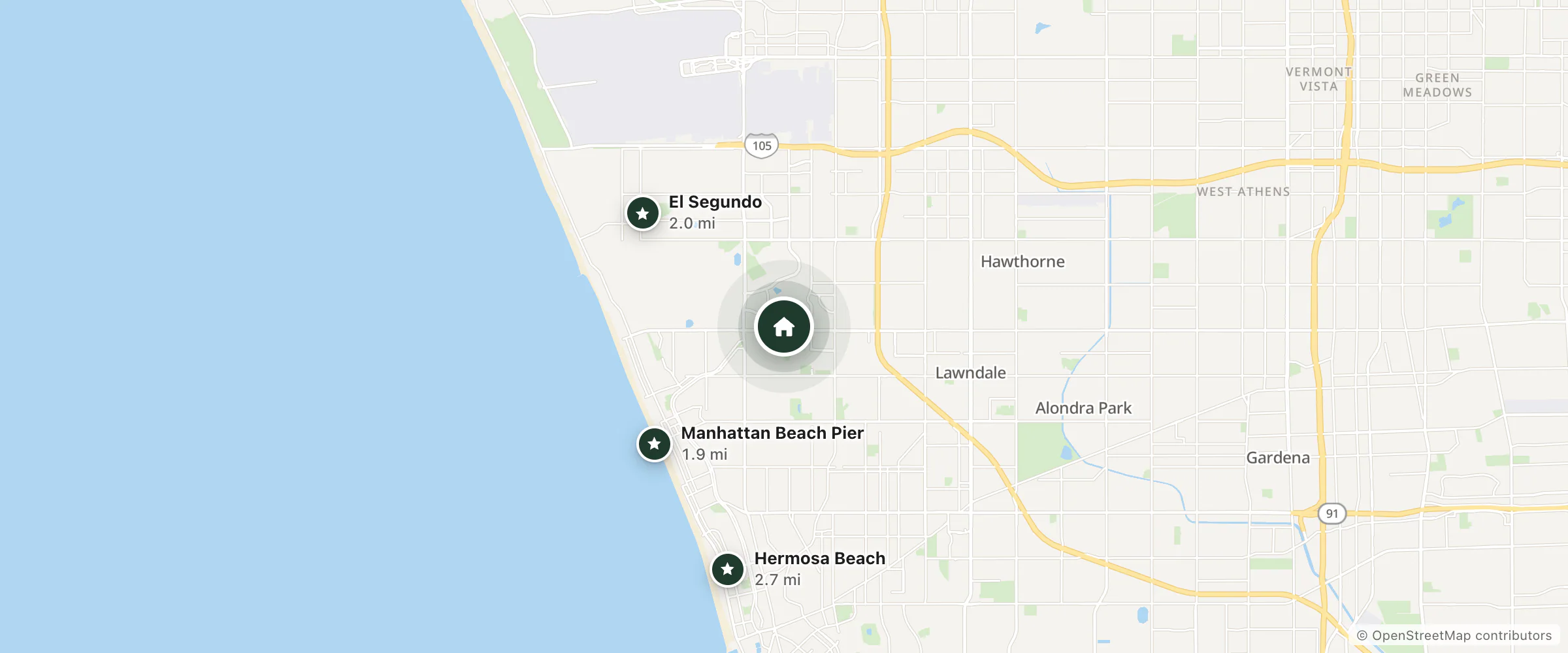 Map of Marriott Lobby Bar and nearby Manhattan Beach Pier, El Segundo and Hermosa Beach
