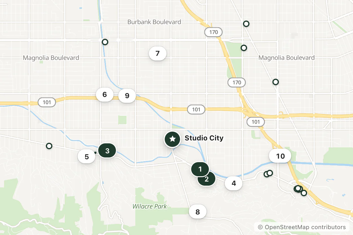 Map of the top 22 hotels for this question around Studio City