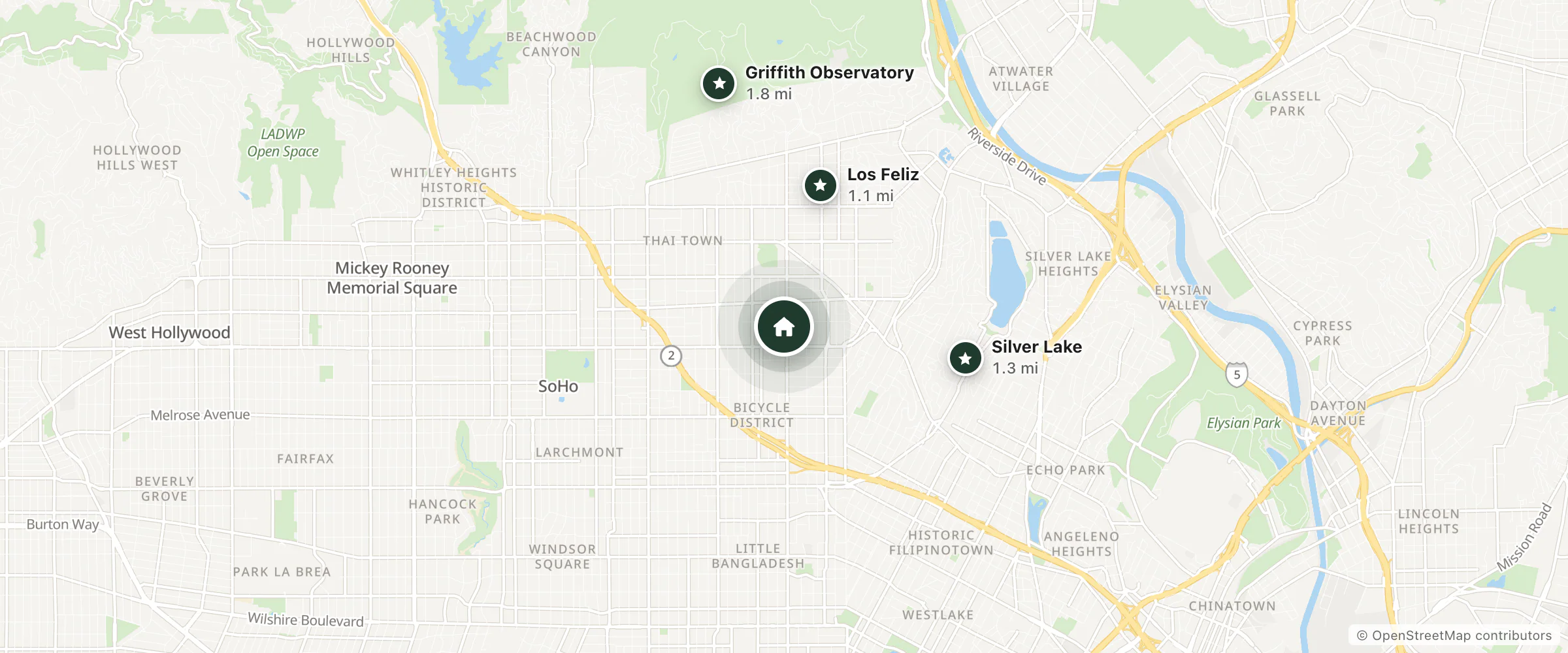 Map of Chateau Celeste Hollywood Hotel and nearby Los Feliz, Silver Lake and Griffith Observatory