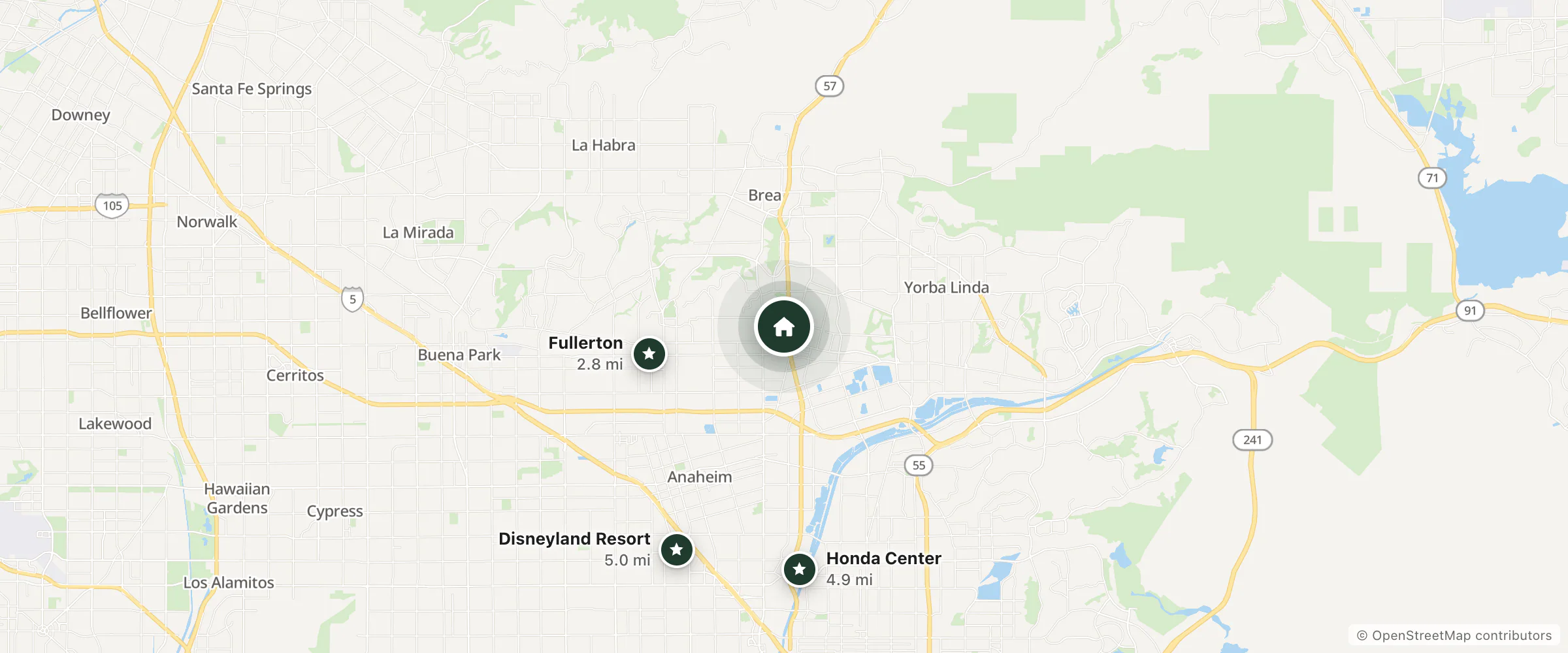 Map of Marriott and nearby Fullerton, Honda Center and Disneyland Resort