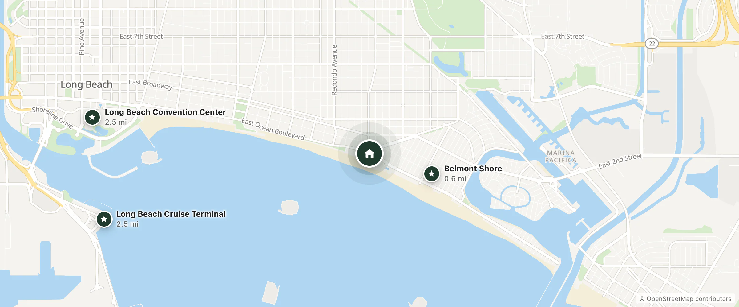 Map of The Belmont Shore Inn and nearby Belmont Shore, Long Beach Cruise Terminal and Long Beach Convention Center