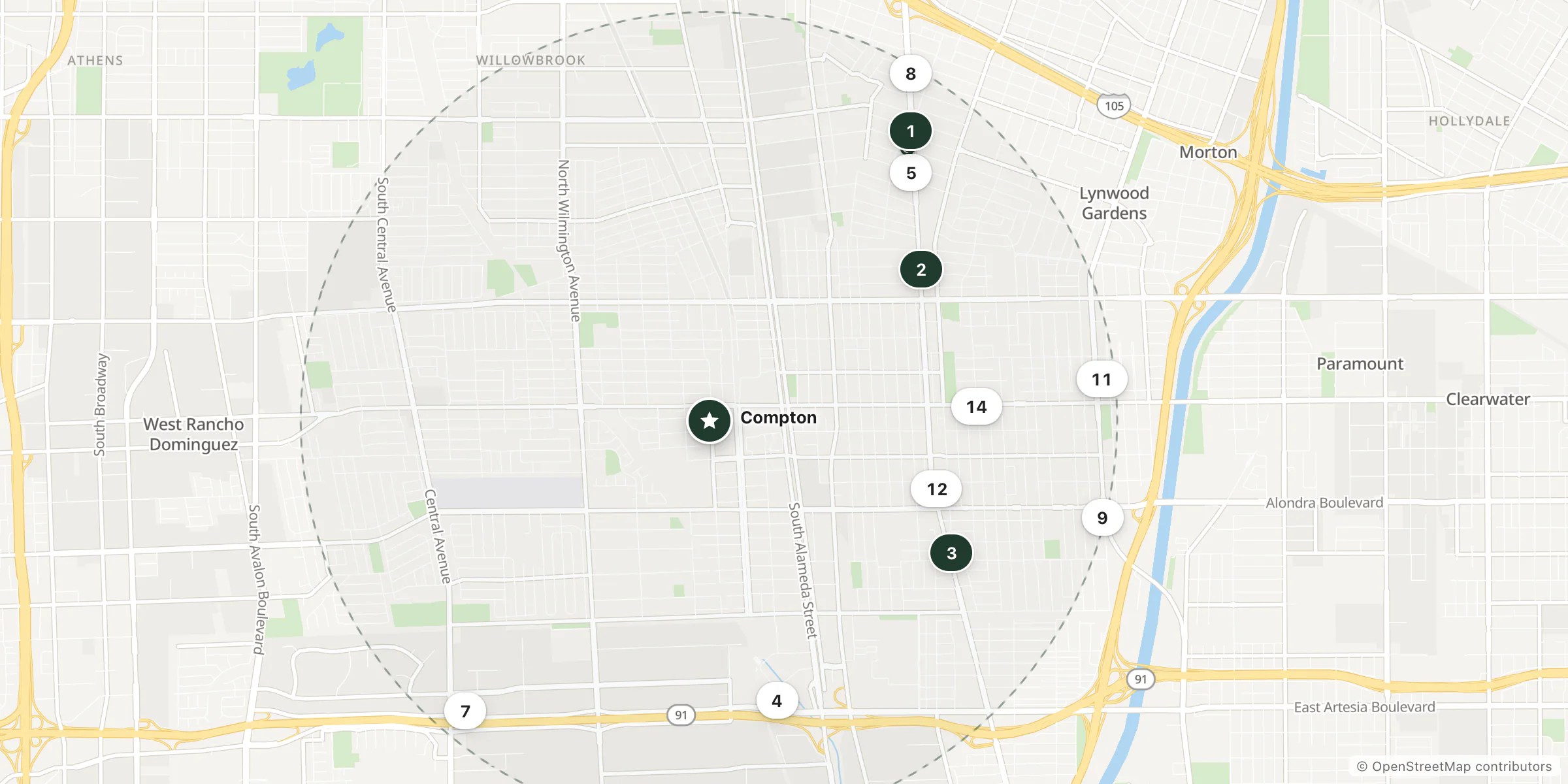 Map of hotels near Compton