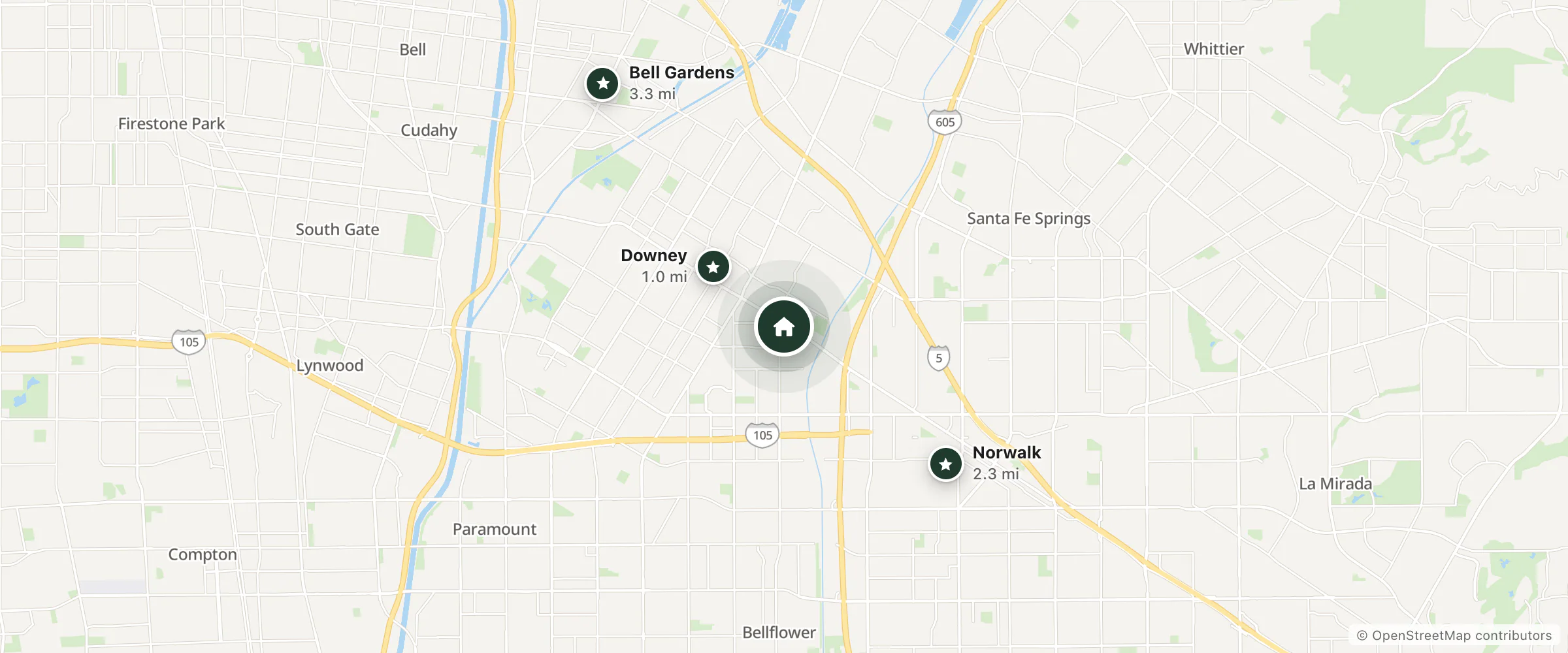 Map of Comfort Inn and nearby Downey, Norwalk and Bell Gardens