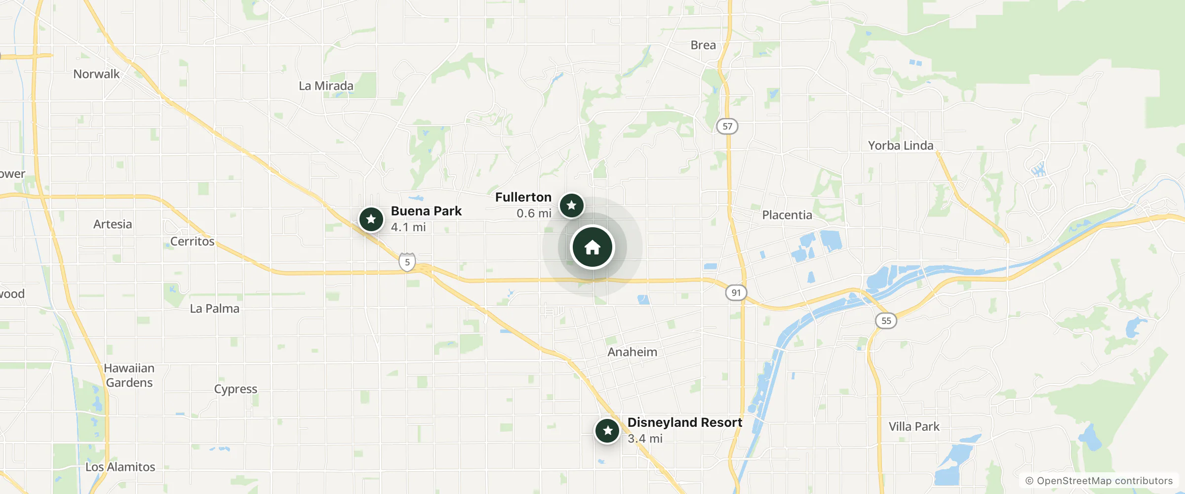 Map of Fullerton Lodge and nearby Fullerton, Disneyland Resort and Buena Park