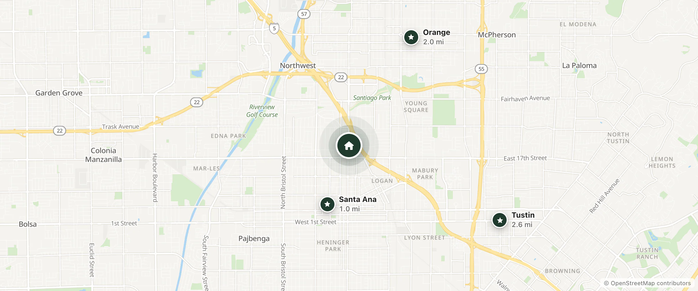 Map of Santa Ana Travel Inn and nearby Santa Ana, Orange and Tustin