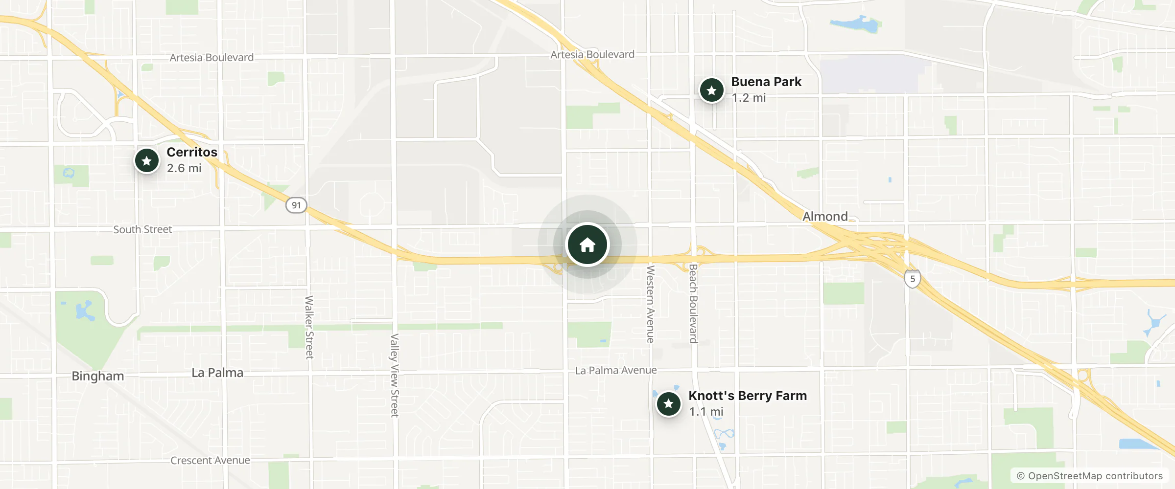 Map of Pellican Hill Resort, New Port Beach and nearby Knott's Berry Farm, Buena Park and Cerritos