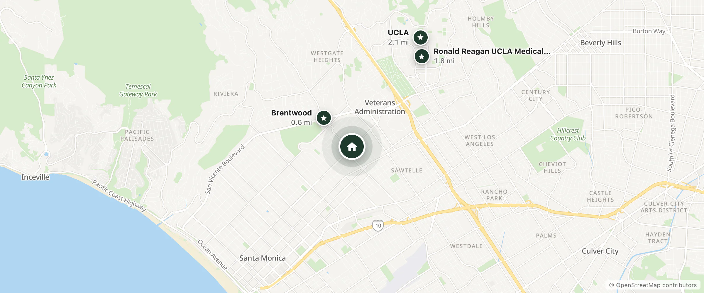 Map of Wilshire Motel and nearby Brentwood, Ronald Reagan UCLA Medical Center and UCLA