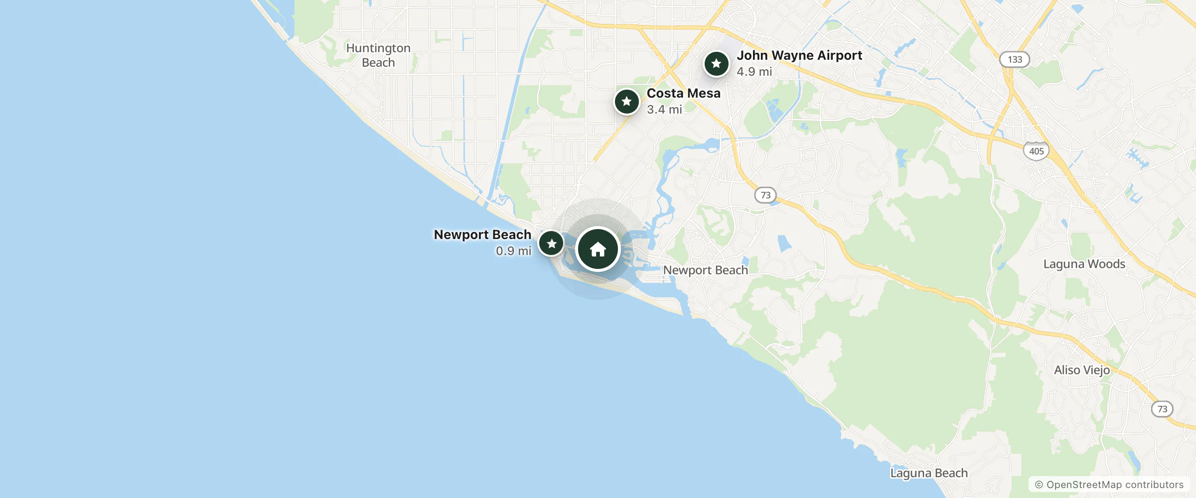 Map of Balboa Bay Resort and nearby Newport Beach, Costa Mesa and John Wayne Airport