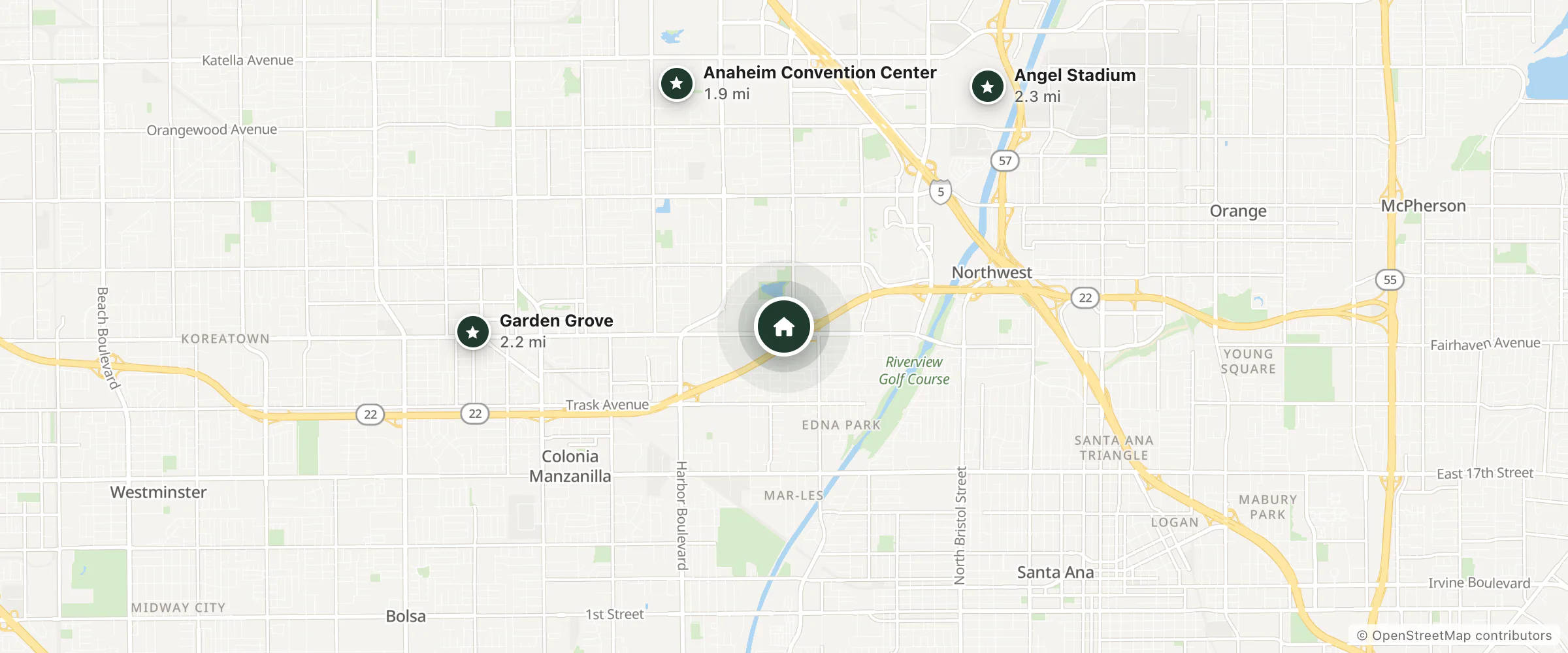 Map of InterContinental Hotels & Resorts and nearby Anaheim Convention Center, Garden Grove and Angel Stadium