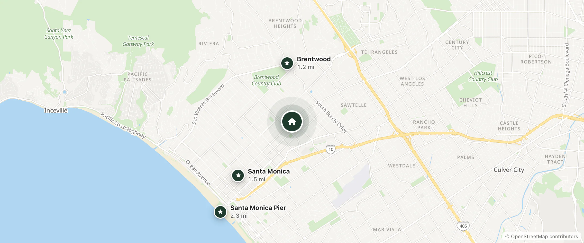 Map of Dawn Dee Motel And Apartments and nearby Brentwood, Santa Monica and Santa Monica Pier