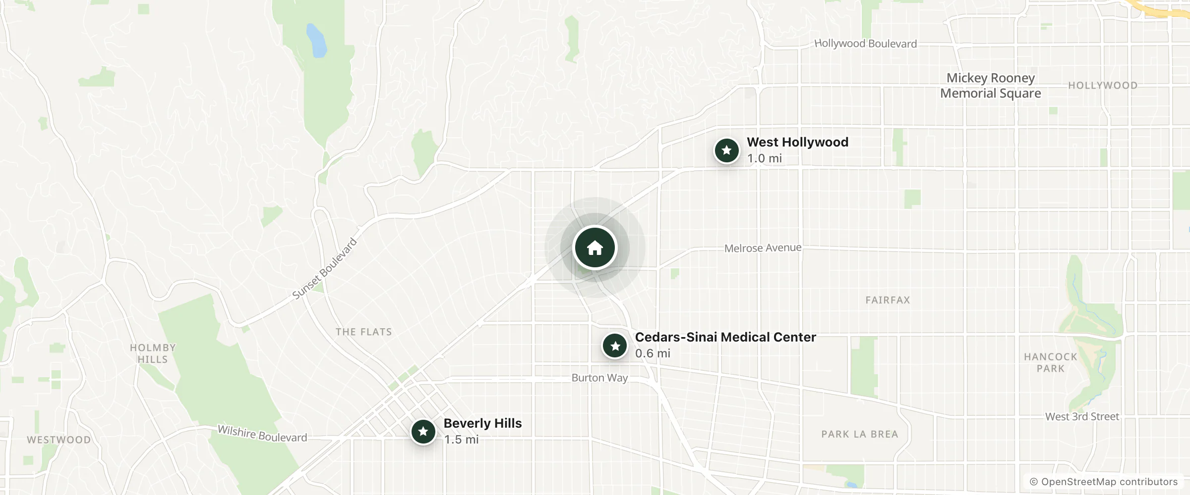 Map of Viceroy Hotels & Resorts and nearby Cedars-Sinai Medical Center, West Hollywood and Beverly Hills