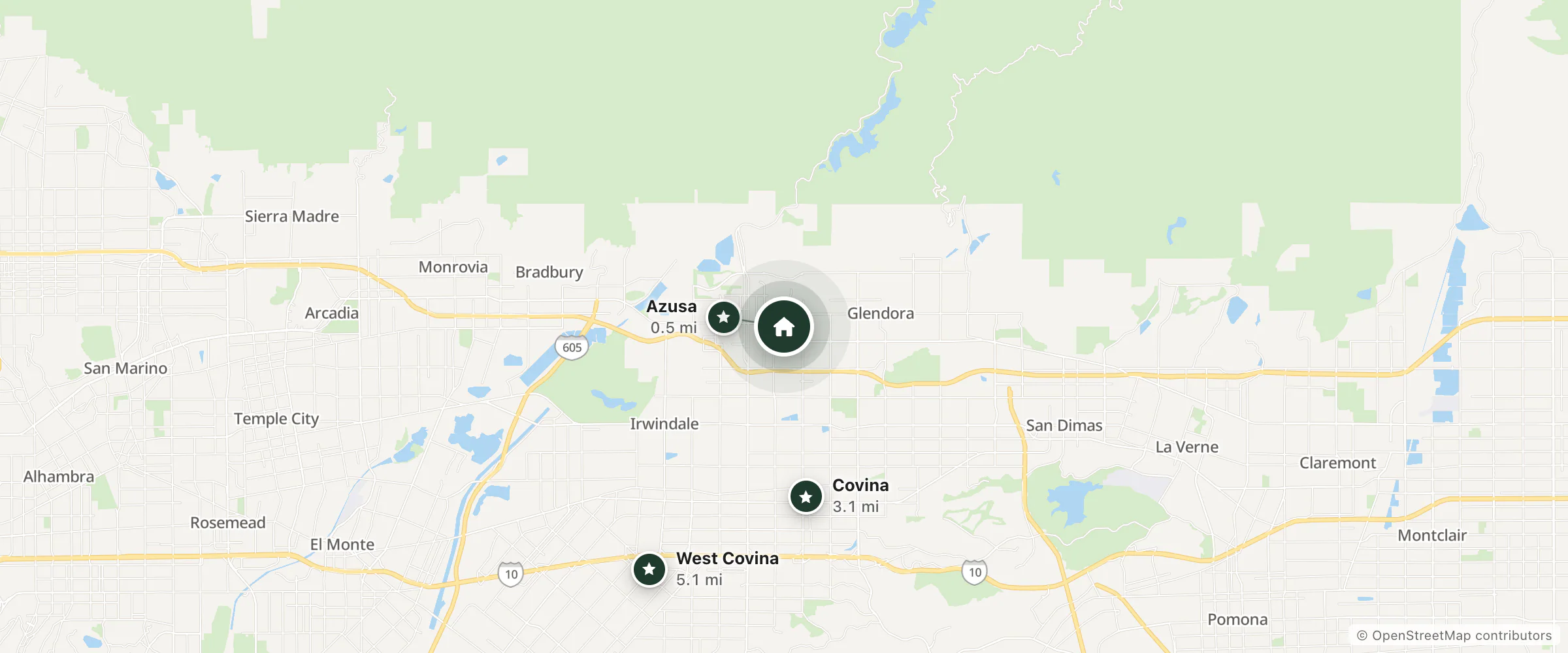 Map of All 8 Motel and nearby Azusa, Covina and West Covina