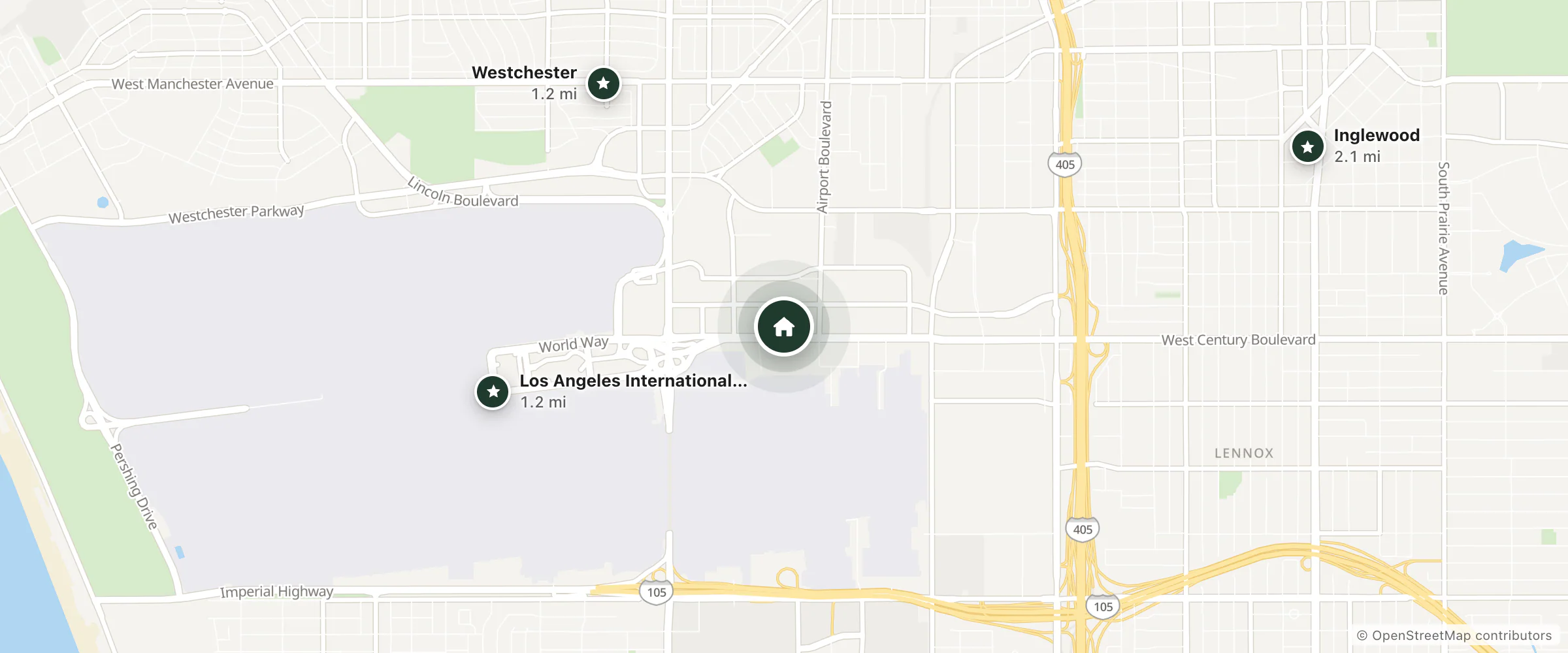 Map of Hyatt House LAX Century Boulevard and nearby Los Angeles International Airport, Westchester and Inglewood