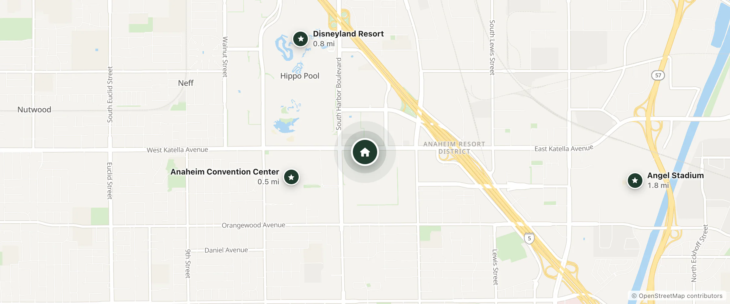 Map of Riviera Motel and nearby Anaheim Convention Center, Disneyland Resort and Angel Stadium