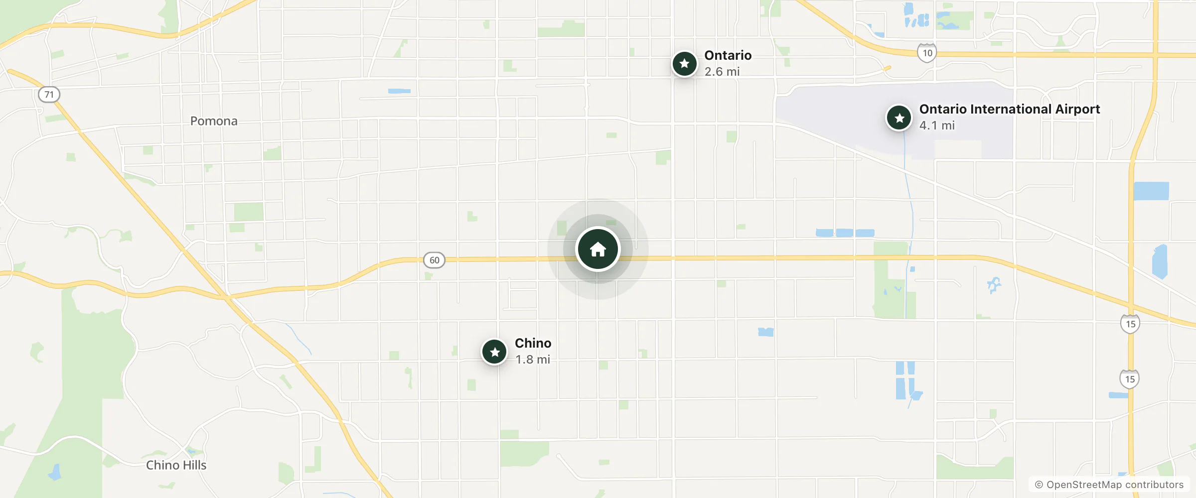 Map of Mountain Inn and nearby Chino, Ontario and Ontario International Airport