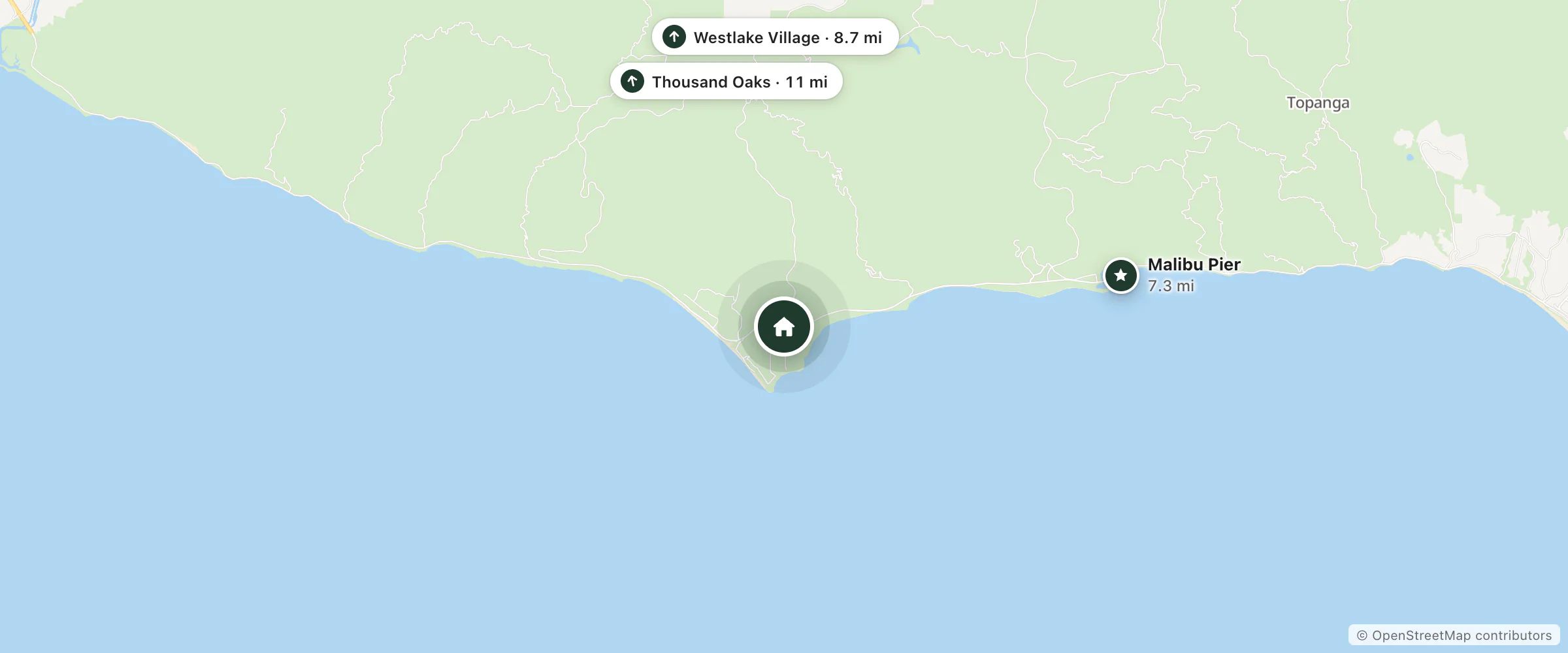 Map of Native Hotel and nearby Malibu Pier, Westlake Village and Thousand Oaks