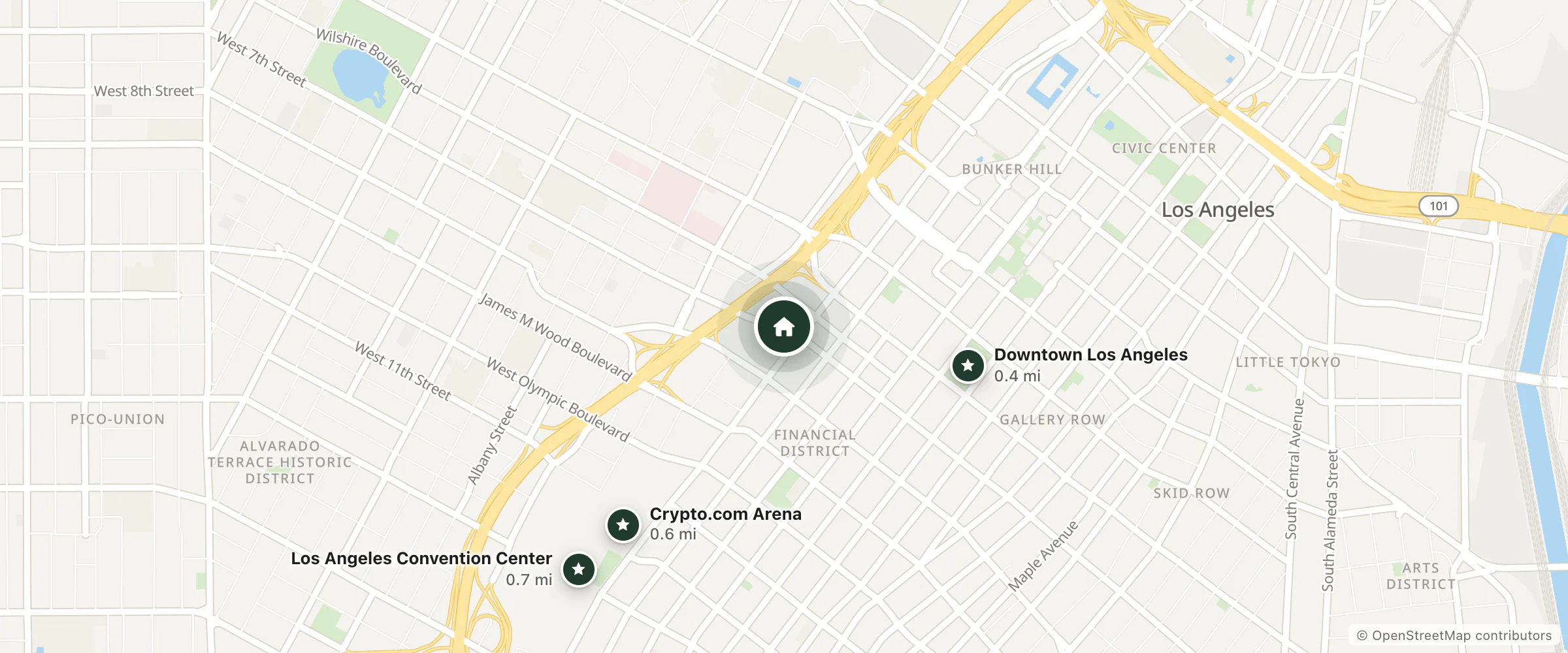 Map of InterContinental Los Angeles Downtown by IHG and nearby Downtown Los Angeles, Crypto.com Arena and Los Angeles Convention Center