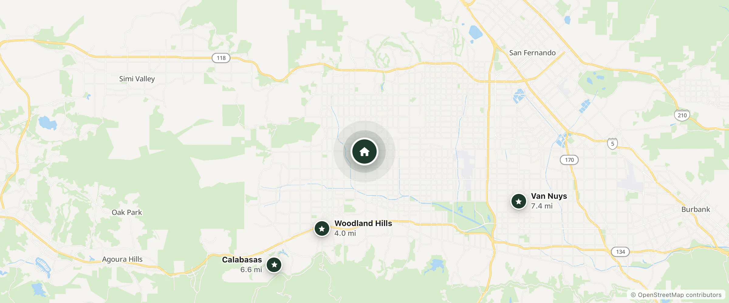 Map of Paradise Lodge and nearby Woodland Hills, Calabasas and Van Nuys