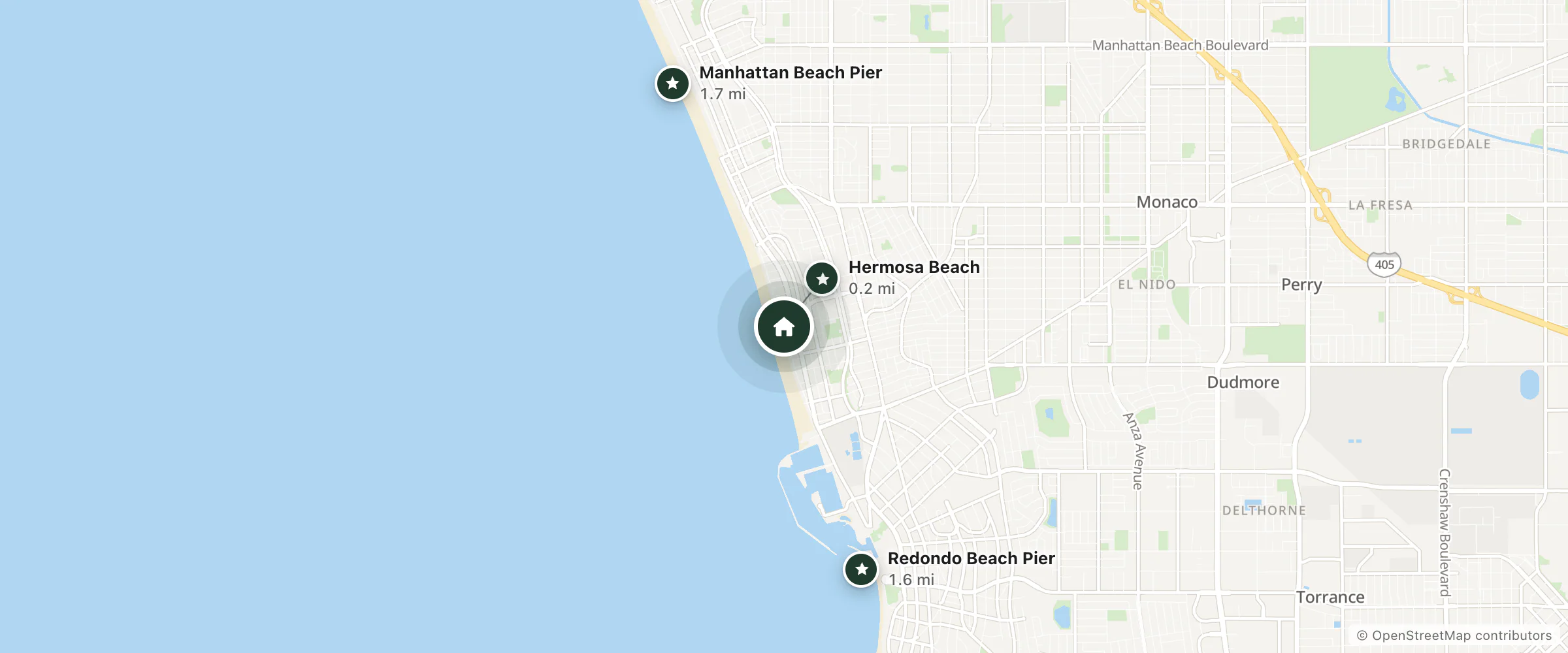 Map of ITH Hermosa Beach Surf Hostel LAX and nearby Hermosa Beach, Redondo Beach Pier and Manhattan Beach Pier