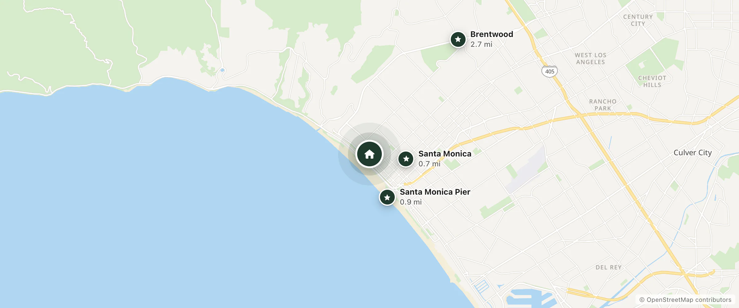 Map of Sovereign Hotel and nearby Santa Monica, Santa Monica Pier and Brentwood