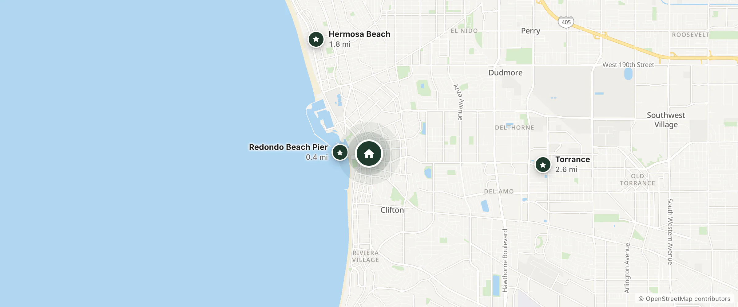 Map of Hotel Hermosa and nearby Redondo Beach Pier, Hermosa Beach and Torrance