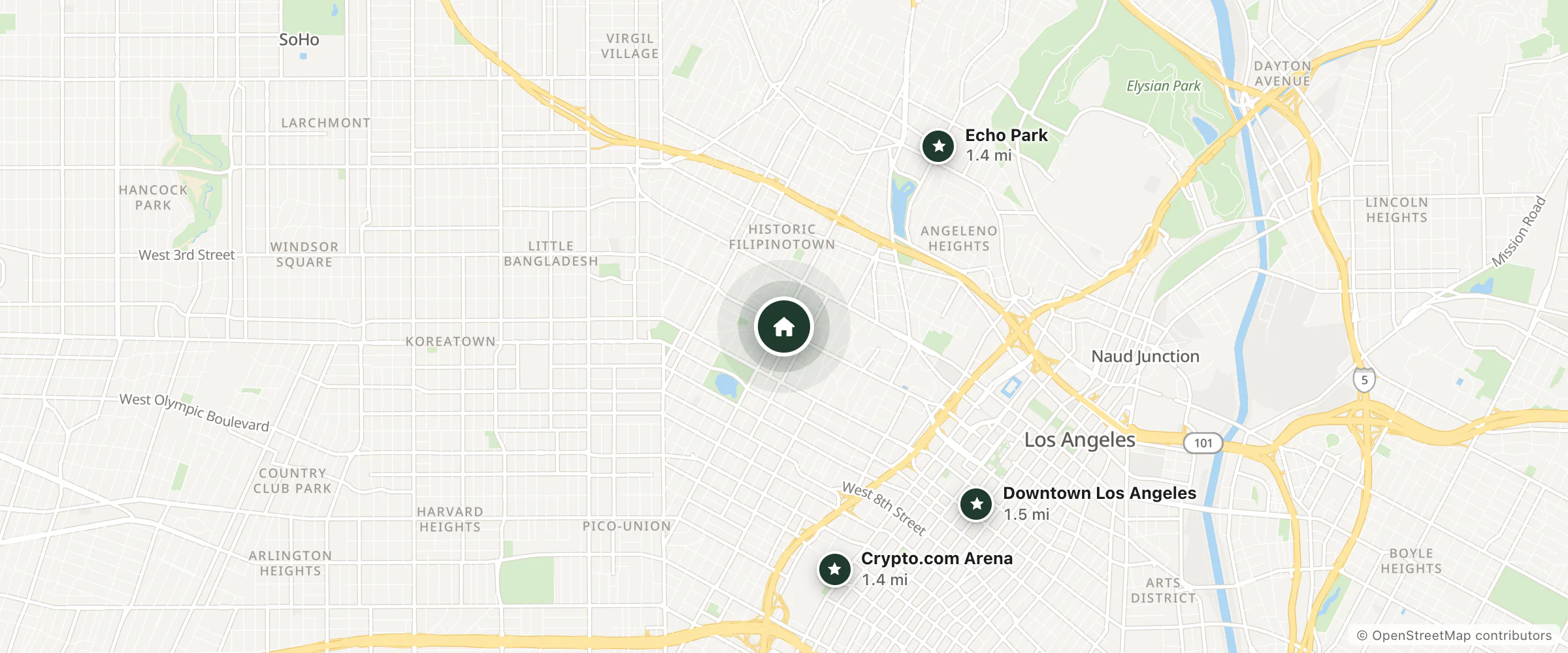 Map of Royal Viking Motel and nearby Echo Park, Crypto.com Arena and Downtown Los Angeles