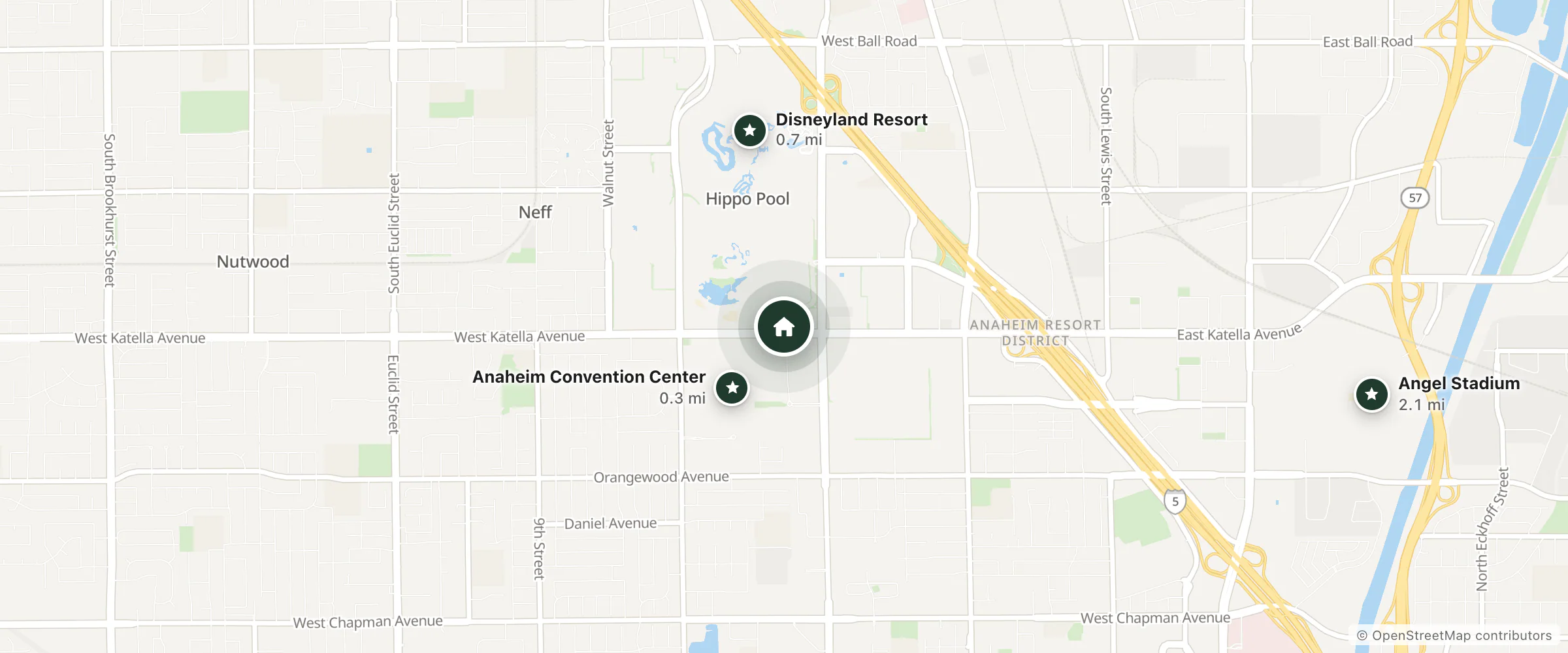 Map of Alpine Inn and nearby Anaheim Convention Center, Disneyland Resort and Angel Stadium
