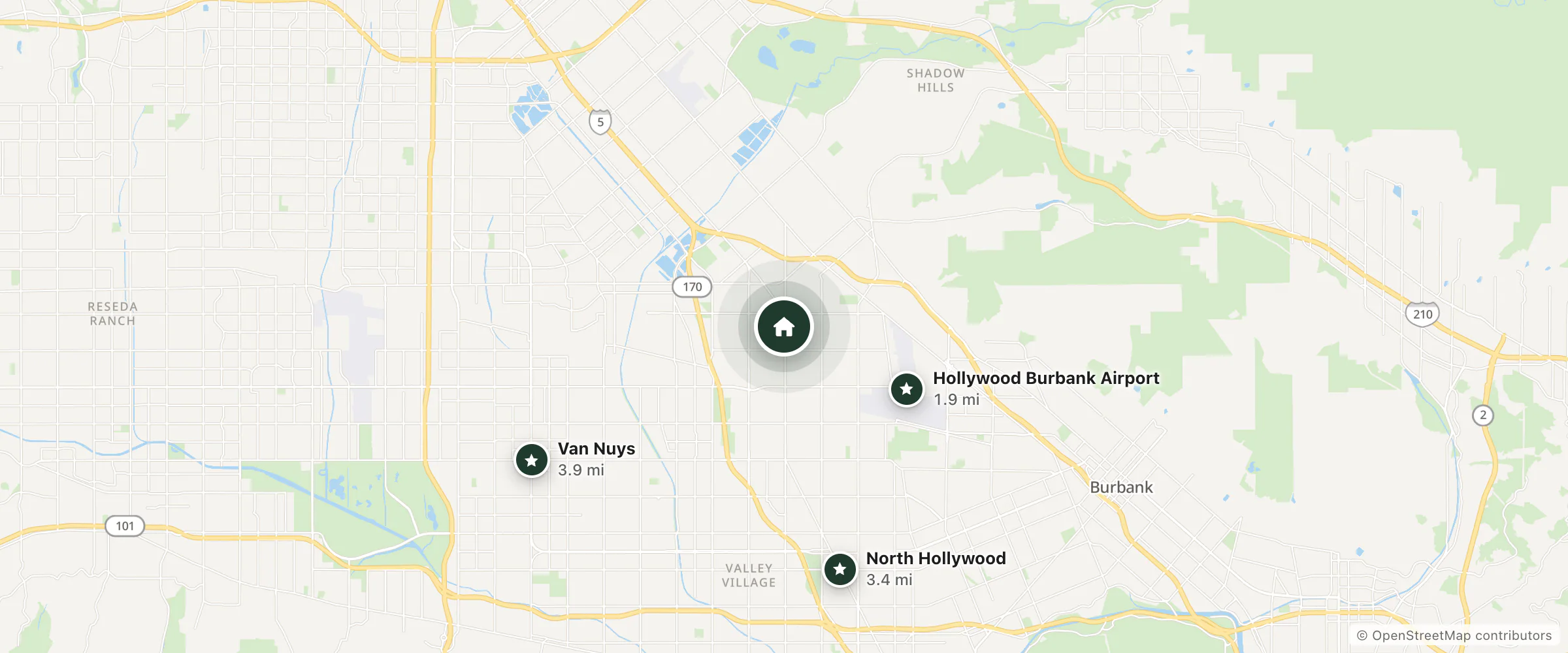 Map of Village Inn Motel and nearby Hollywood Burbank Airport, North Hollywood and Van Nuys