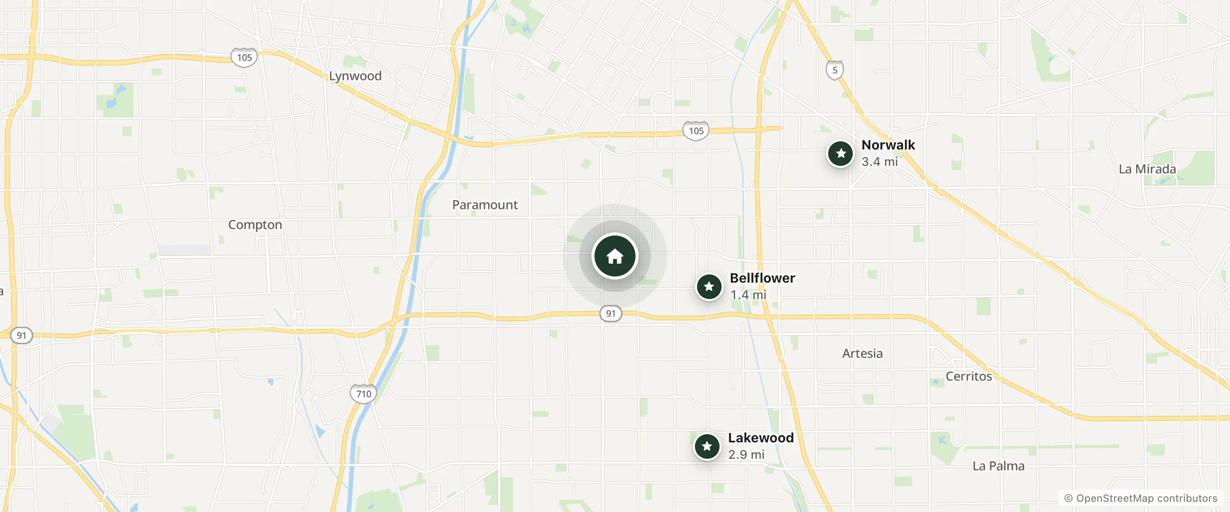 Map of Bellflower Century Inn Motel and nearby Bellflower, Lakewood and Norwalk