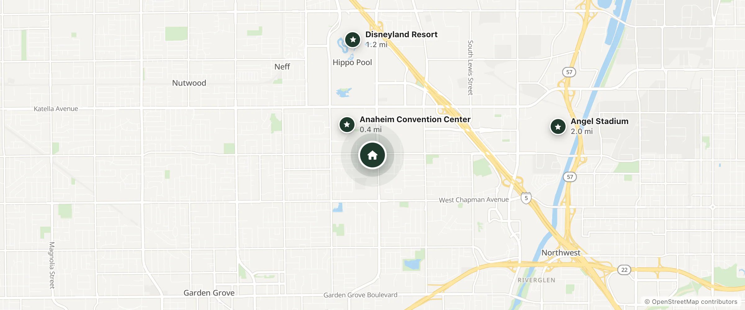 Map of Queens Inn Anaheim near The Park & Convention Center and nearby Anaheim Convention Center, Disneyland Resort and Angel Stadium