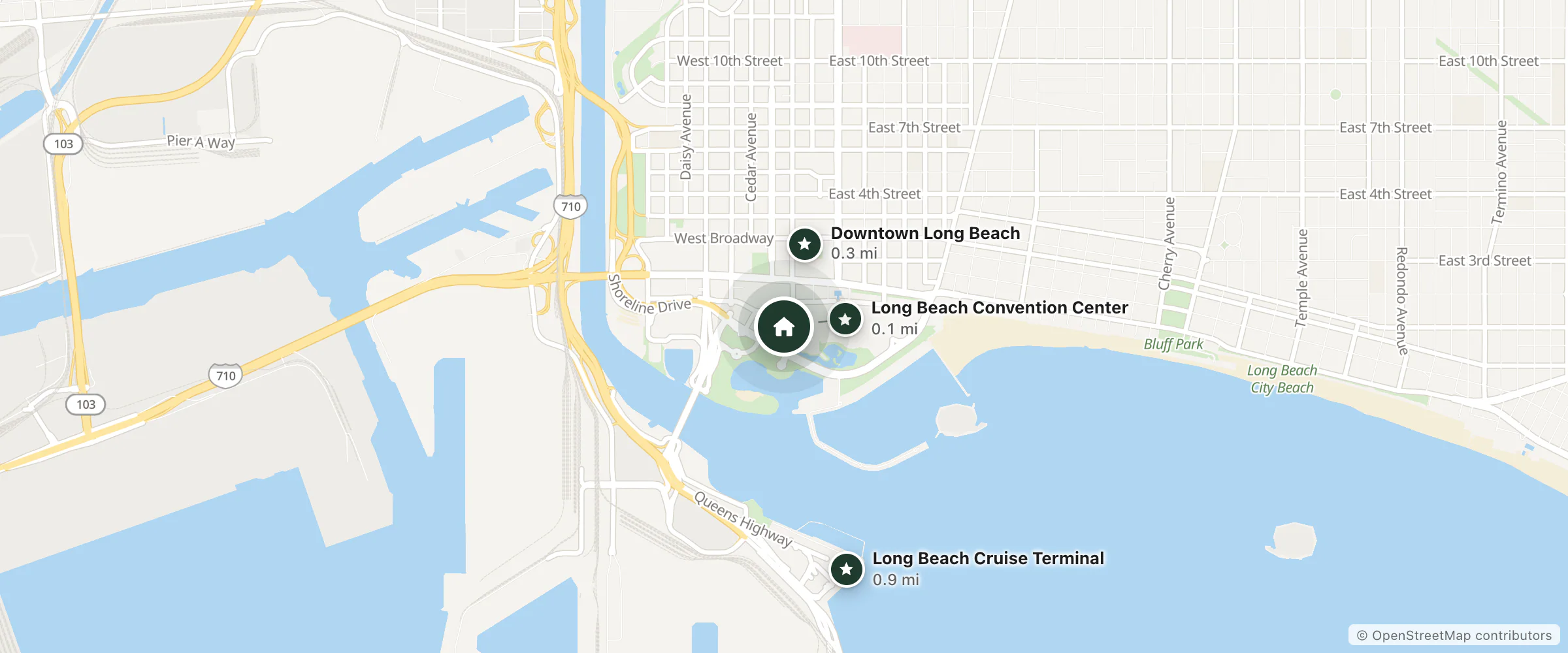 Map of Luxury Inn Norwalk California Hotel and nearby Long Beach Convention Center, Downtown Long Beach and Long Beach Cruise Terminal