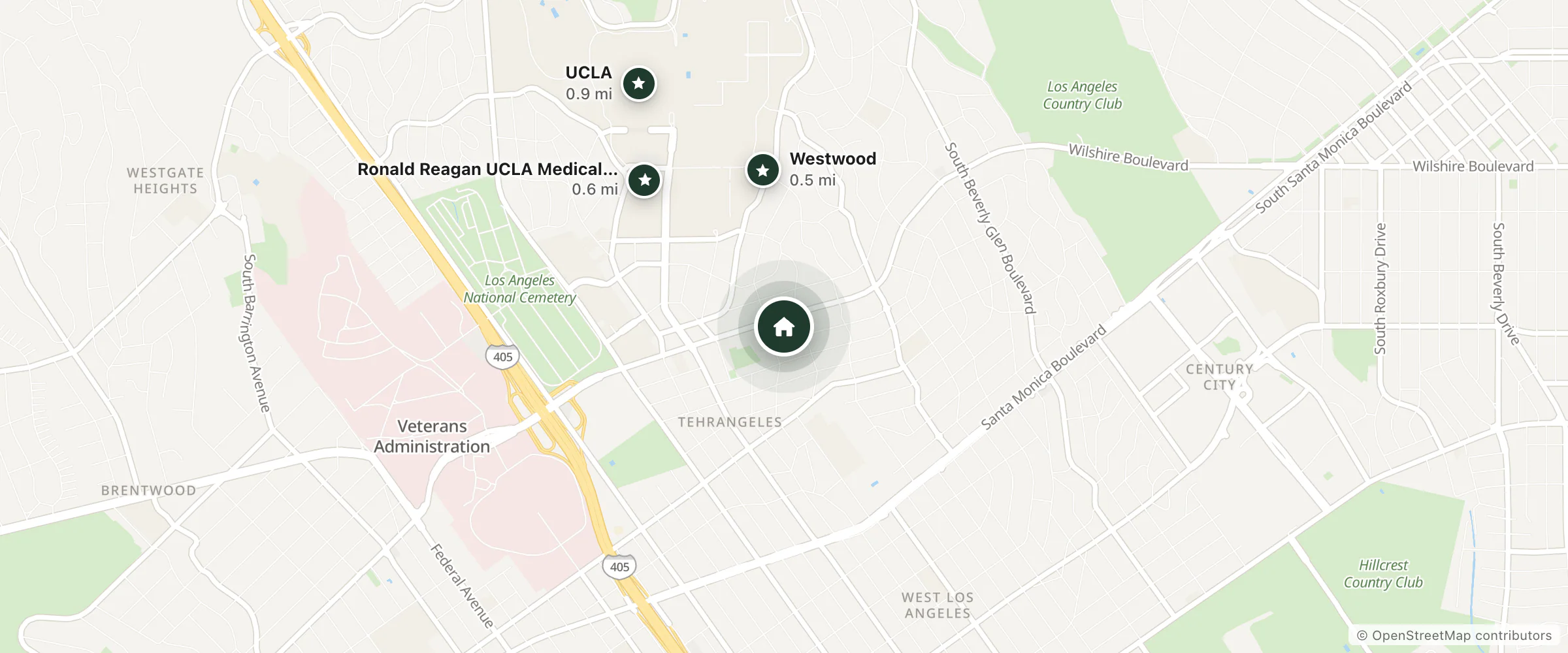 Map of Century Wilshire Hotel and nearby Westwood, Ronald Reagan UCLA Medical Center and UCLA