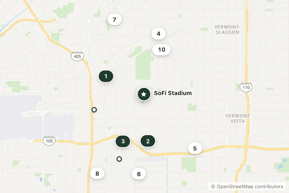 Map of the top 12 hotels for this question around SoFi Stadium