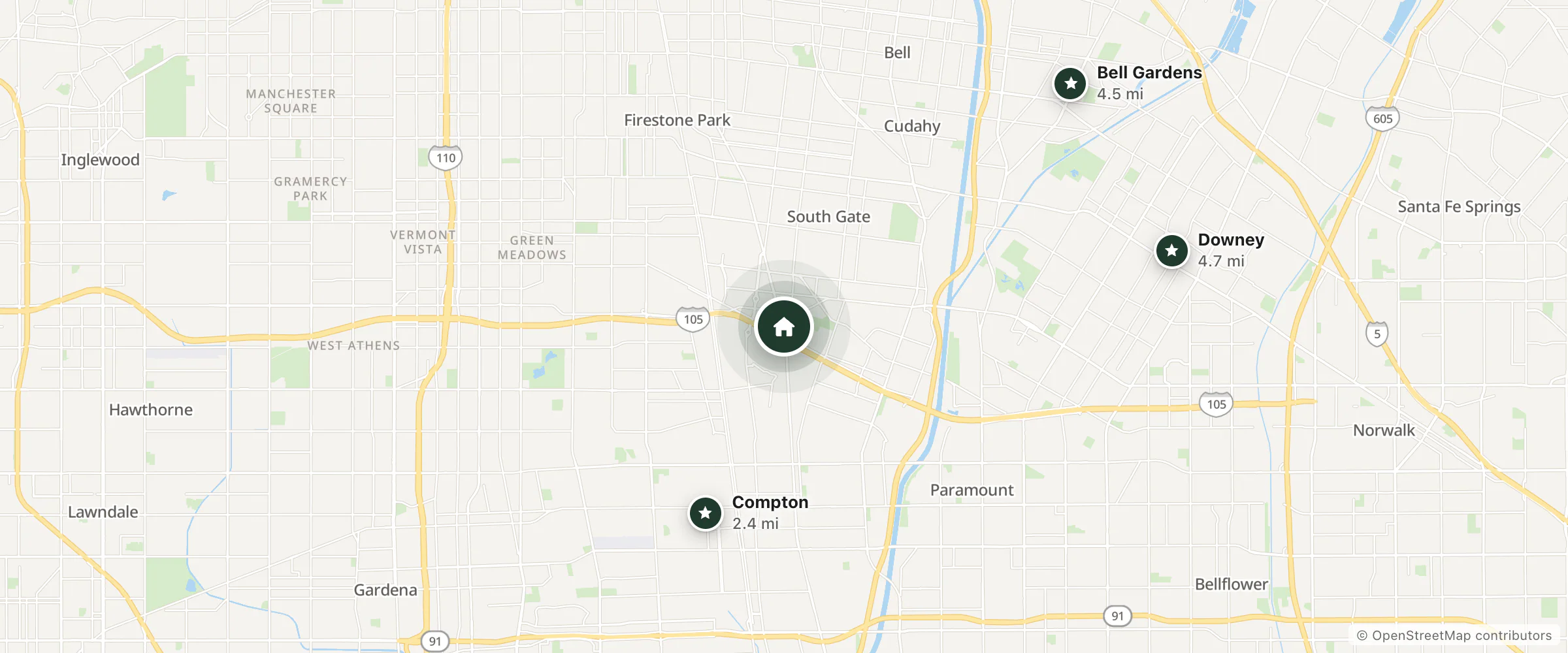 Map of Hotel Lynwood and nearby Compton, Bell Gardens and Downey