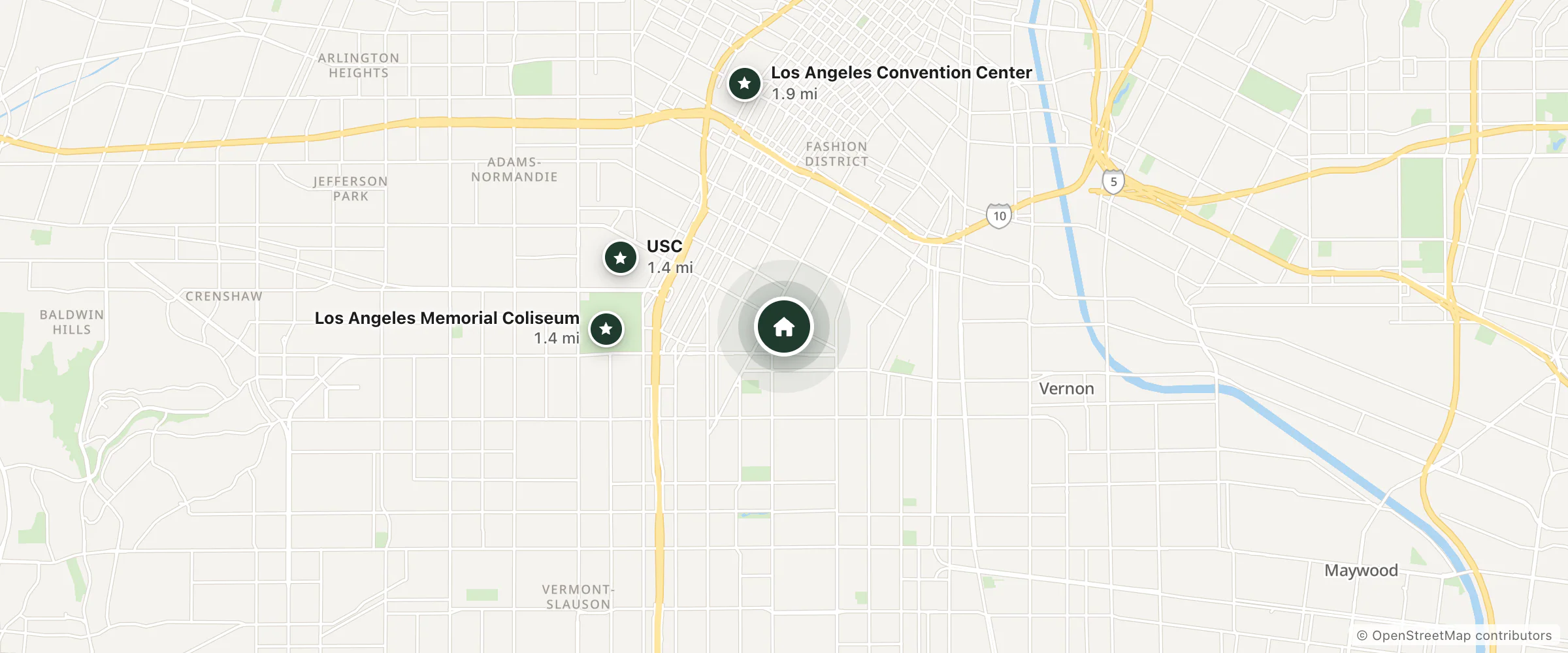 Map of Aster and nearby USC, Los Angeles Memorial Coliseum and Los Angeles Convention Center
