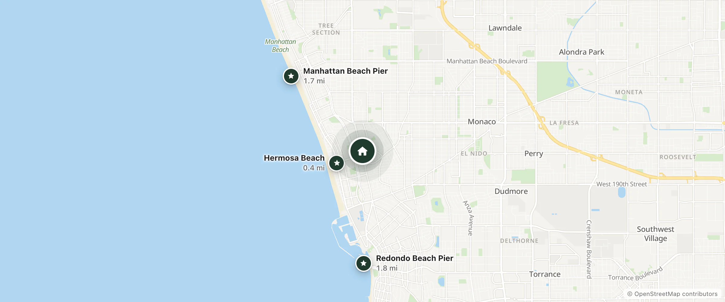 Map of Hampton Inn and Suites Hermosa Beach and nearby Hermosa Beach, Manhattan Beach Pier and Redondo Beach Pier