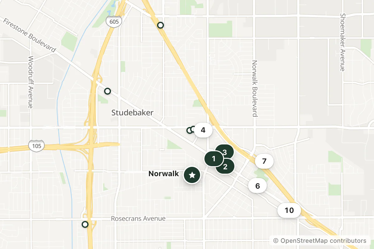 Map of the top 15 hotels for this question around Norwalk