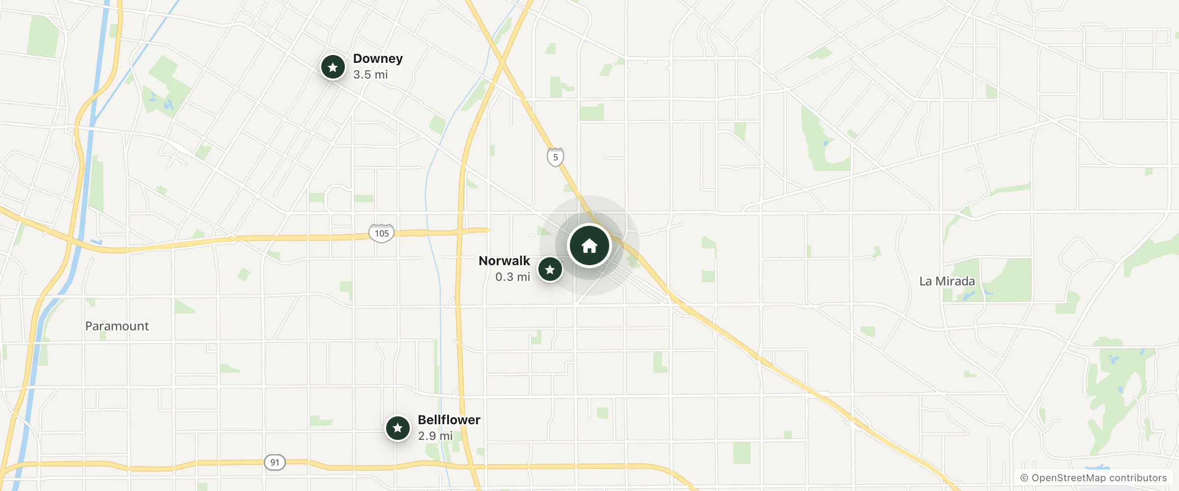 Map of Star Motel and nearby Norwalk, Bellflower and Downey