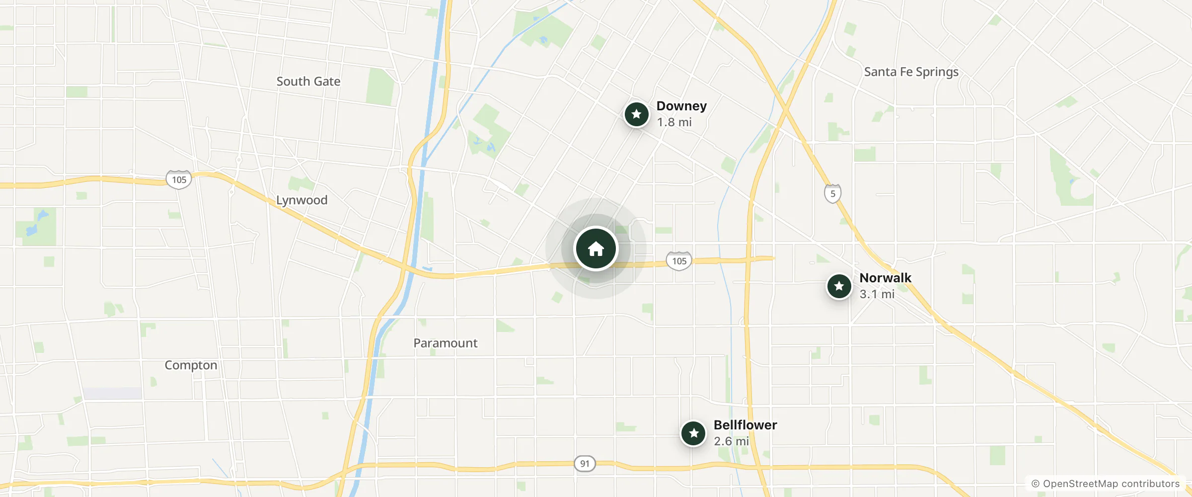 Map of American Inn Downey and nearby Downey, Bellflower and Norwalk