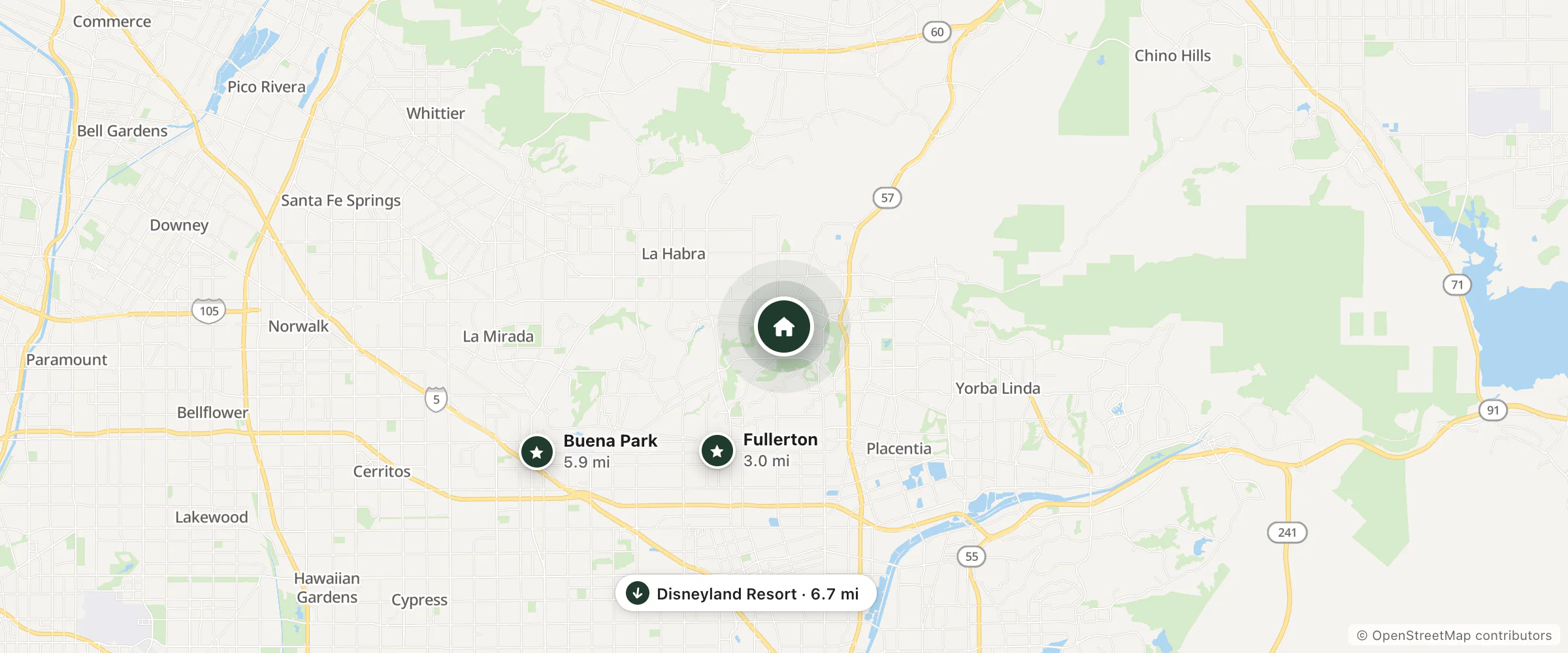 Map of Regency Motel and nearby Fullerton, Buena Park and Disneyland Resort