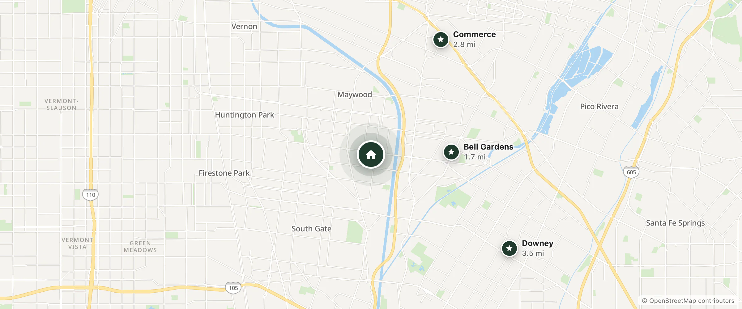 Map of Florentine Motel and nearby Bell Gardens, Commerce and Downey