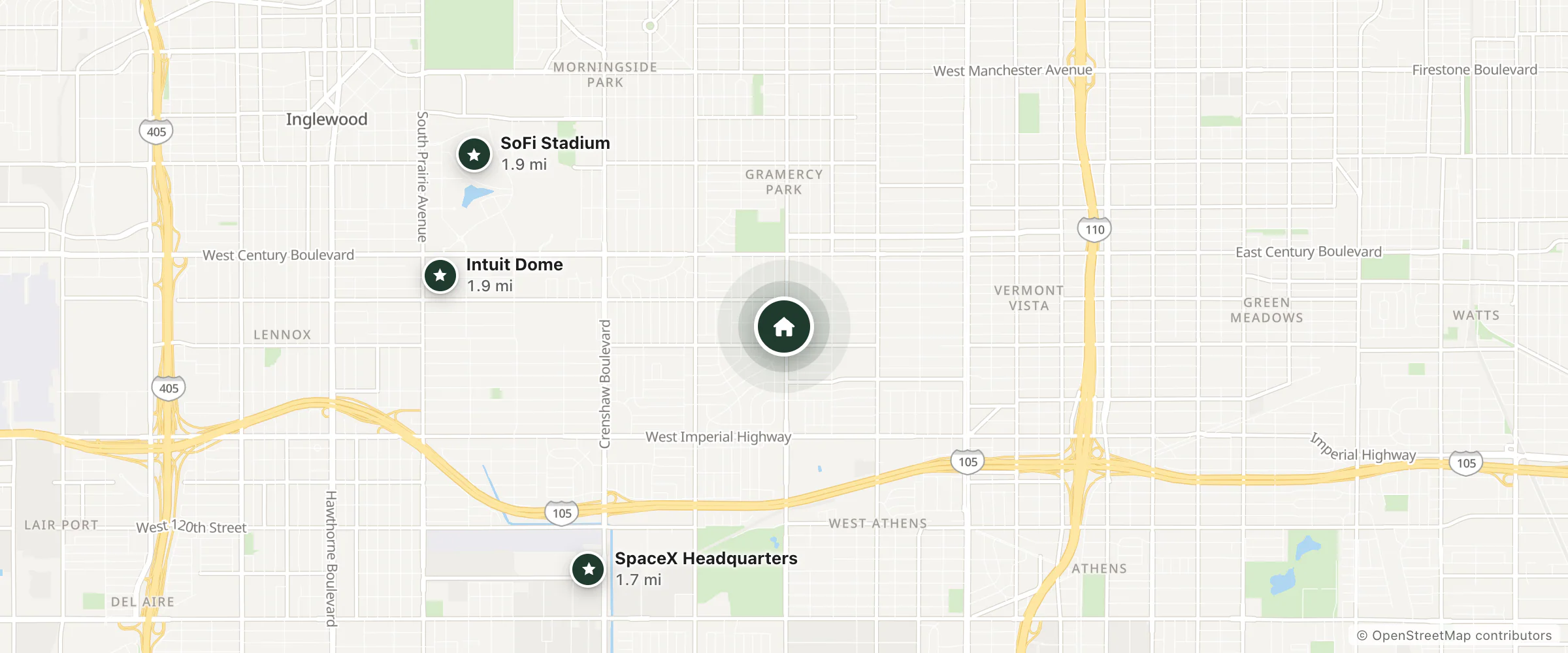 Map of Hill Top Motor Inn and nearby SpaceX Headquarters, Intuit Dome and SoFi Stadium