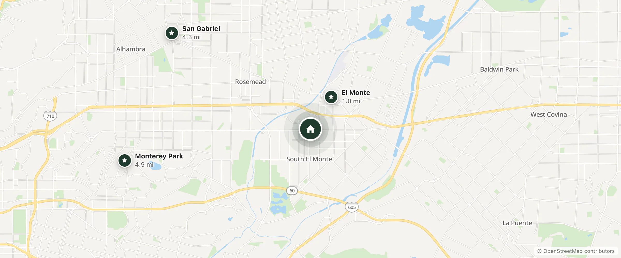 Map of Scenic Motel and nearby El Monte, San Gabriel and Monterey Park
