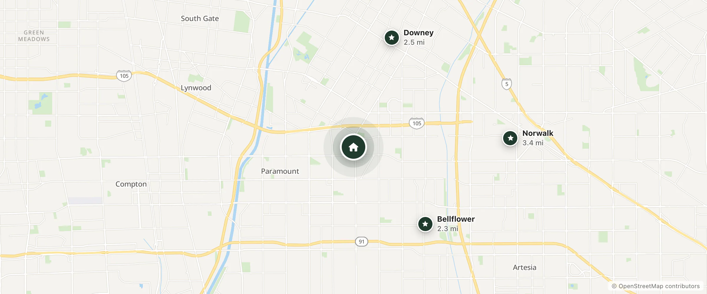 Map of Colonial Motel and nearby Bellflower, Downey and Norwalk